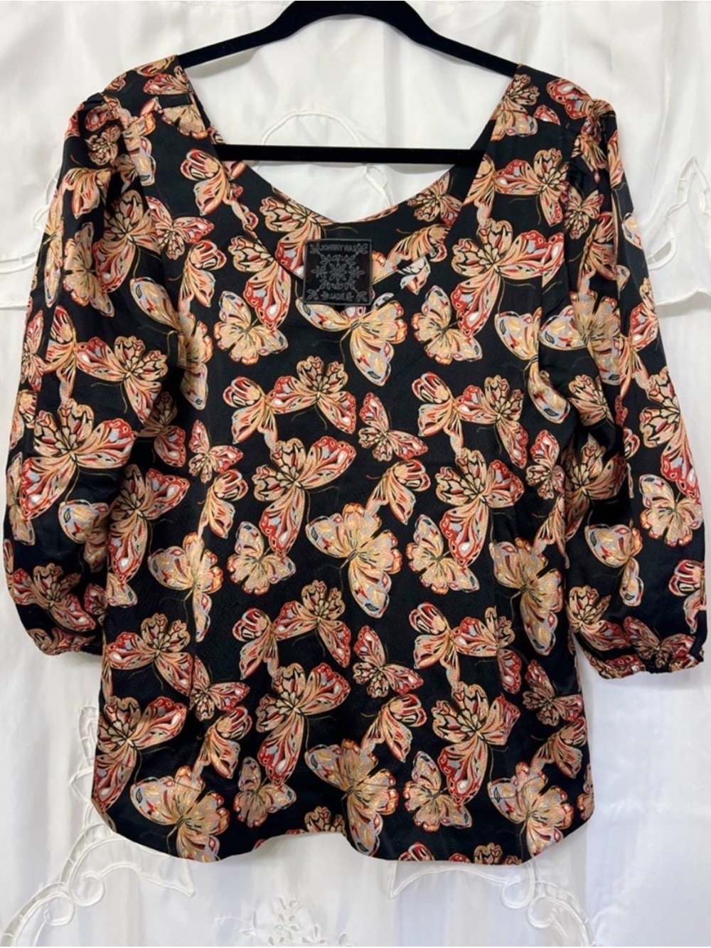 Johnny Was JADE Silk Butterfly Blouse Boho 3/4 Sleeve Top Medium